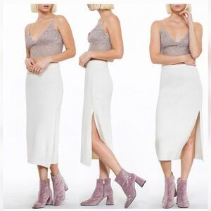 NWT En Creme Ribbed Knit Midi Skirt Size Small In Gray Wool Blend